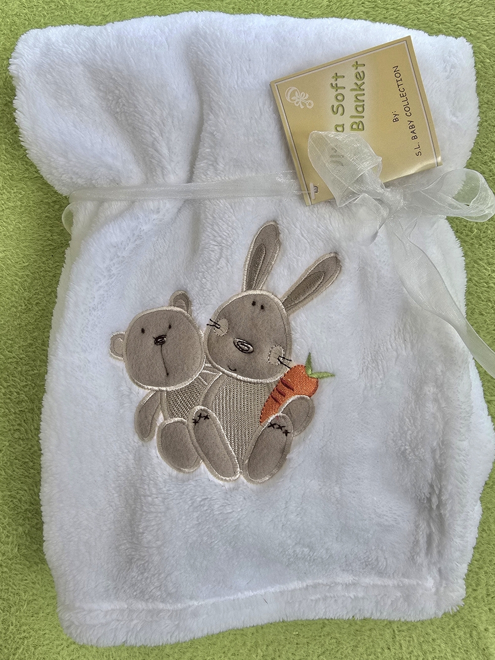 White Plush Bunny & Bear Baby Blanket